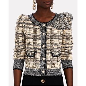 LoveShackFancy Classic Boucle Tweed Chantria Pearl Button Bow Cardigan Sweater